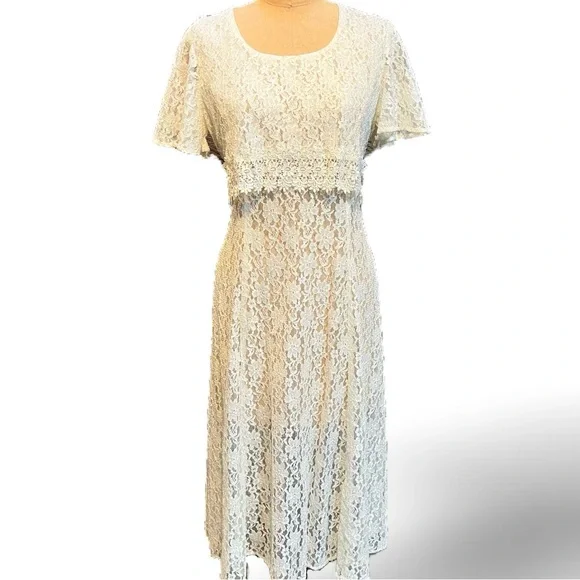 VINTAGE 80s lace corset tie back midi dress formal floral embroidery nylon white - Picture 1 of 11